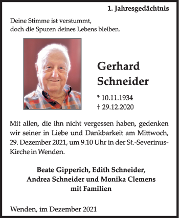 Traueranzeige von Gerhard Schneider von Siegener Zeitung