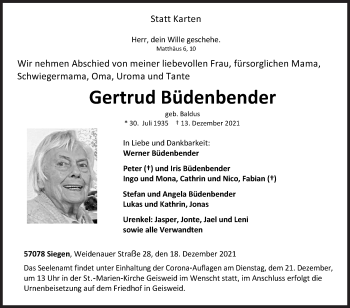 Traueranzeige von Gertrud Büdenbender von Siegener Zeitung