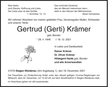 Traueranzeige von Gertrud Krämer von Siegener Zeitung