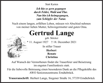 Traueranzeige von Gertrud Lange von Siegener Zeitung