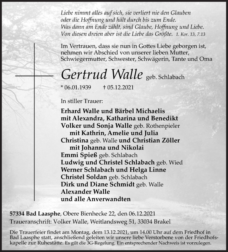  Traueranzeige für Gertrud Walle vom 09.12.2021 aus Siegener Zeitung