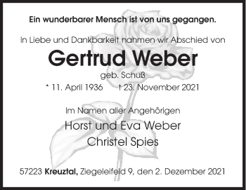 Traueranzeige von Gertrud Weber von Siegener Zeitung