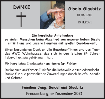 Traueranzeige von Gisela Glaubitz von Siegener Zeitung