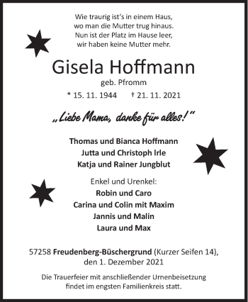 Traueranzeige von Gisela Hoffmann von Siegener Zeitung