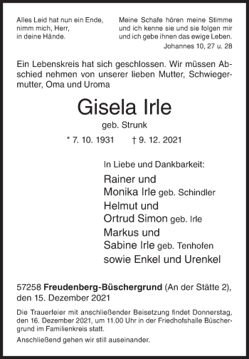 Traueranzeige von Gisela Irle von Siegener Zeitung