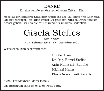 Traueranzeige von Gisela Steffes von Siegener Zeitung