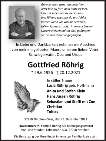 Traueranzeige von Gottfried Röhrig von Siegener Zeitung