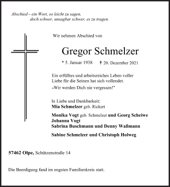 Traueranzeige von Gregor Schmelzer von Siegener Zeitung