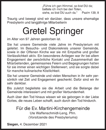 Traueranzeige von Gretel Springer von Siegener Zeitung