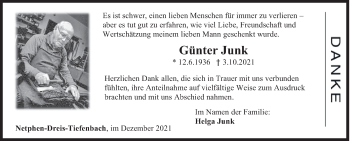 Traueranzeige von Günter Junk von Siegener Zeitung