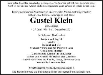 Traueranzeige von Gustel Klein von Siegener Zeitung
