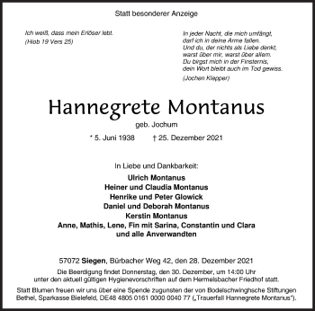 Traueranzeige von Hannegrete Montanus von Siegener Zeitung