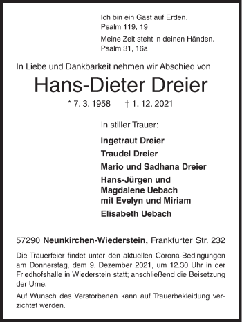 Traueranzeige von Hans-Dieter Dreier von Siegener Zeitung