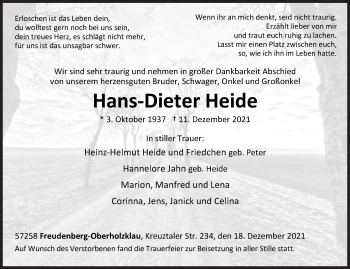 Traueranzeige von Hans-Dieter Heide von Siegener Zeitung