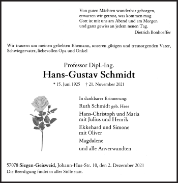 Traueranzeige von Hans-Gustav Schmidt von Siegener Zeitung