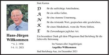 Traueranzeige von Hans-Jürgen Willkommen von Siegener Zeitung