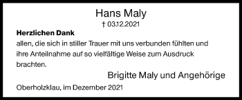 Traueranzeige von Hans Maly von Siegener Zeitung