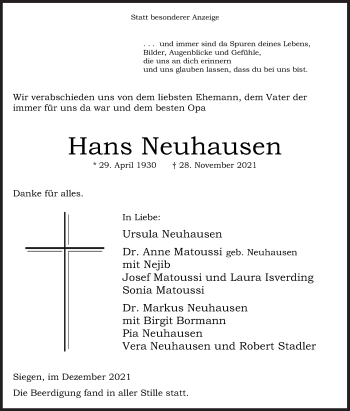 Traueranzeige von Hans Neuhausen von Siegener Zeitung