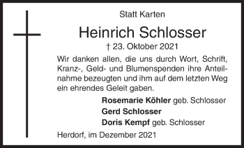 Traueranzeige von Heinrich Schlosser von Siegener Zeitung