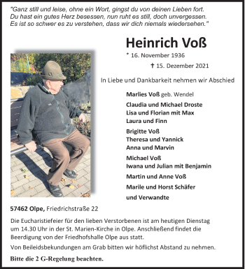 Traueranzeige von Heinrich Voß von Siegener Zeitung