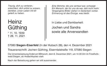 Traueranzeige von Heinz Güthing von Siegener Zeitung