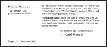 Traueranzeige von Heinz Hassel von Siegener Zeitung