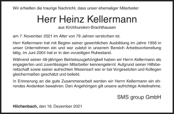 Traueranzeige von Heinz Kellermann von Siegener Zeitung