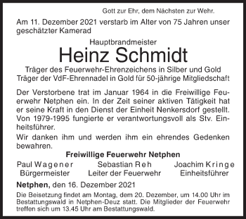 Traueranzeige von Heinz Schmidt von Siegener Zeitung