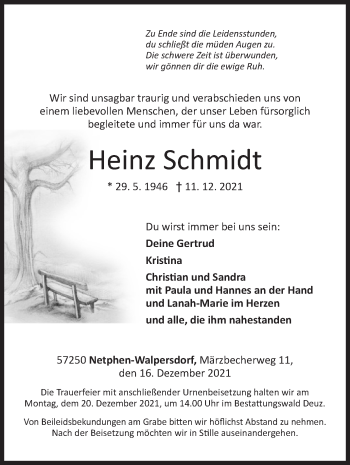 Traueranzeige von Heinz Schmidt von Siegener Zeitung