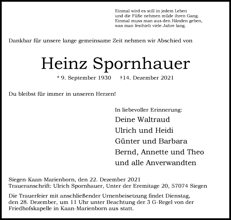  Traueranzeige für Heinz Spornhauer vom 22.12.2021 aus Siegener Zeitung