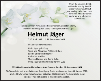 Traueranzeige von Helmut Jäger von Siegener Zeitung
