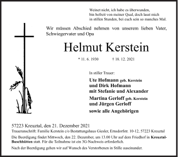 Traueranzeige von Helmut Kerstein von Siegener Zeitung