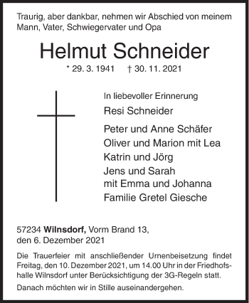 Traueranzeige von Helmut Schneider von Siegener Zeitung