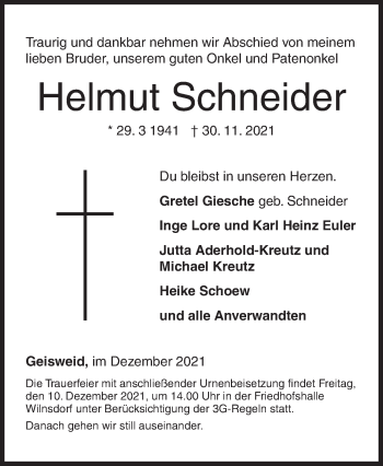 Traueranzeige von Helmut Schneider von Siegener Zeitung