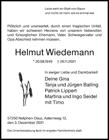 Traueranzeige von Helmut Wiedemann von Siegener Zeitung
