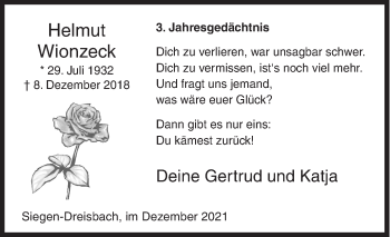 Traueranzeige von Helmut Wionzeck von Siegener Zeitung
