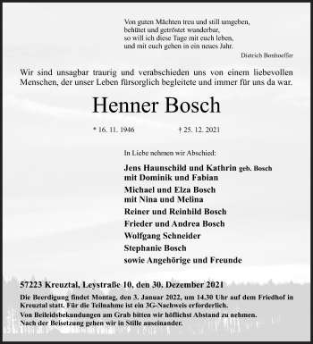 Traueranzeige von Henner Bosch von Siegener Zeitung