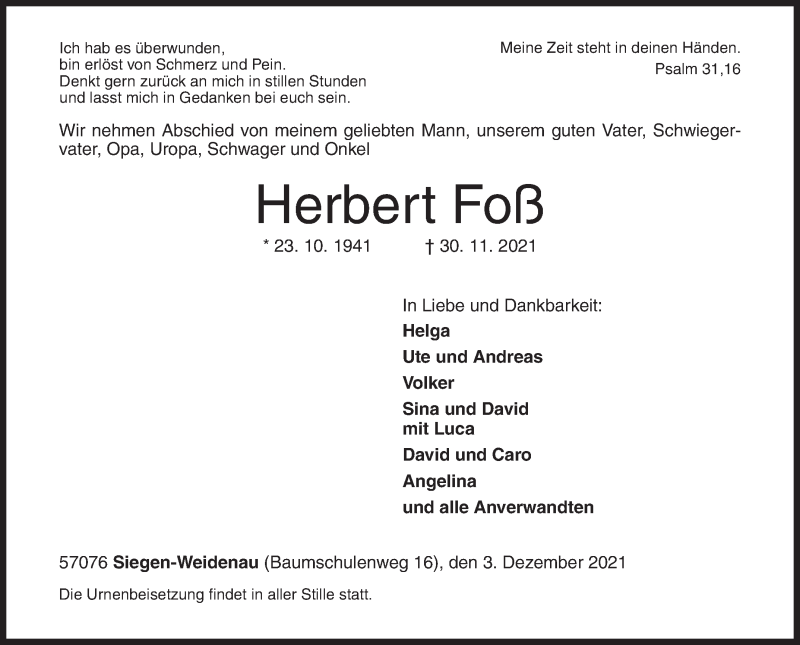 Traueranzeige für Herbert Foß vom 03.12.2021 aus Siegener Zeitung