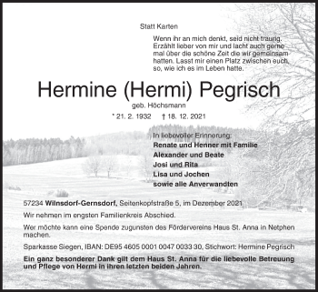 Traueranzeige von Hermine Pegrisch von Siegener Zeitung