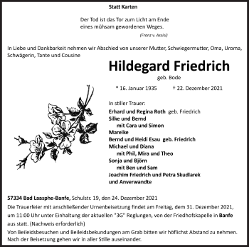 Traueranzeige von Hildegard Friedrich von Siegener Zeitung