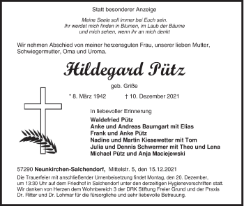 Traueranzeige von Hildegard Pütz von Siegener Zeitung