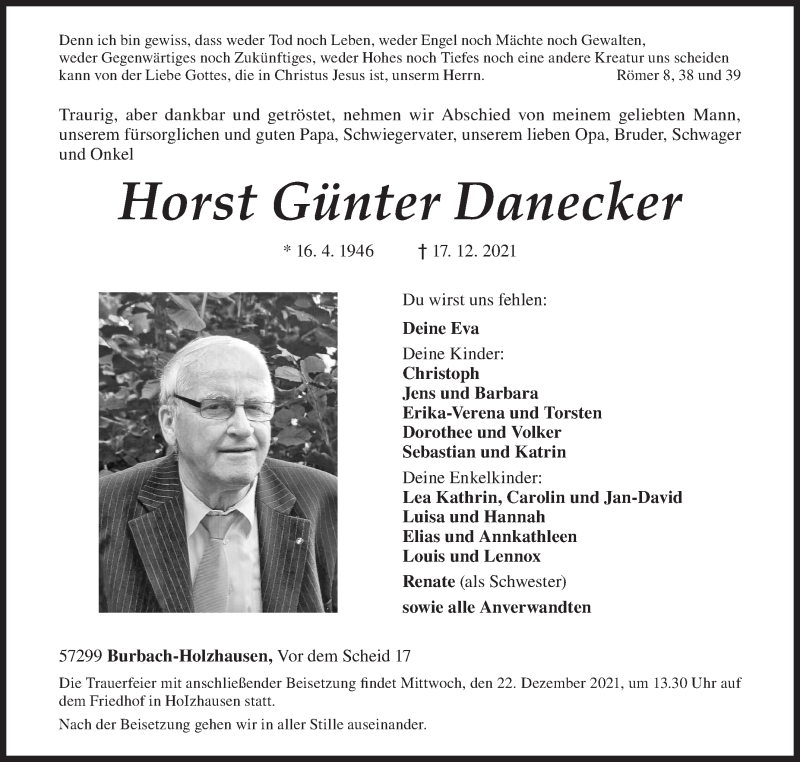  Traueranzeige für Horst Günter Danecker vom 21.12.2021 aus Siegener Zeitung