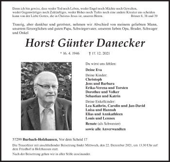 Traueranzeige von Horst Günter Danecker von Siegener Zeitung