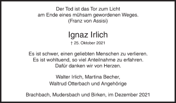 Traueranzeige von Ignaz Irlich von Siegener Zeitung