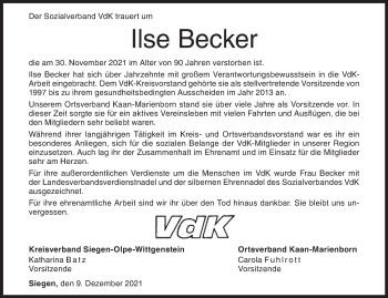 Traueranzeige von Ilse Becker von Siegener Zeitung