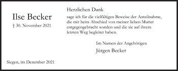 Traueranzeige von Ilse Becker von Siegener Zeitung