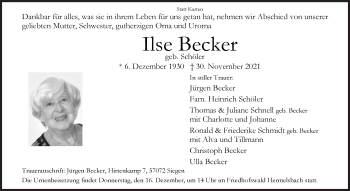 Traueranzeige von Ilse Becker von Siegener Zeitung