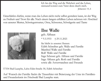 Traueranzeige von Ilse Walle von Siegener Zeitung