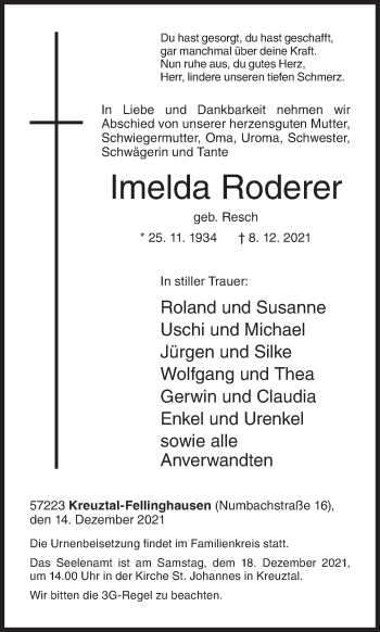Traueranzeige von Imelda Roderer von Siegener Zeitung
