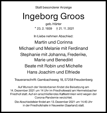 Traueranzeige von Ingeborg Groos von Siegener Zeitung